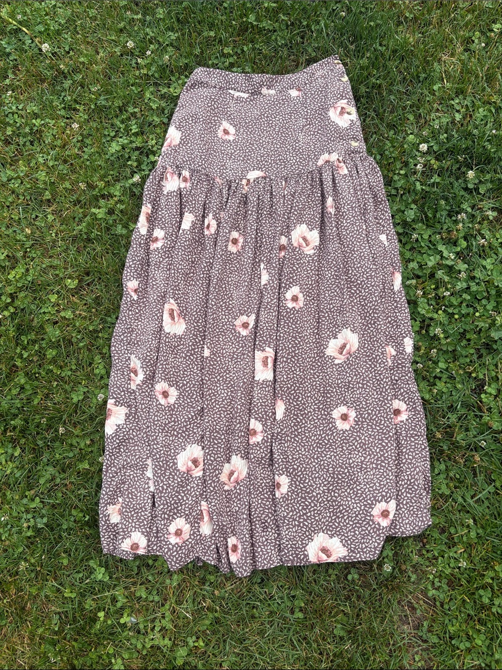 H&M Floral Tiered Maxi Skirt - Brown with Cream Flowers